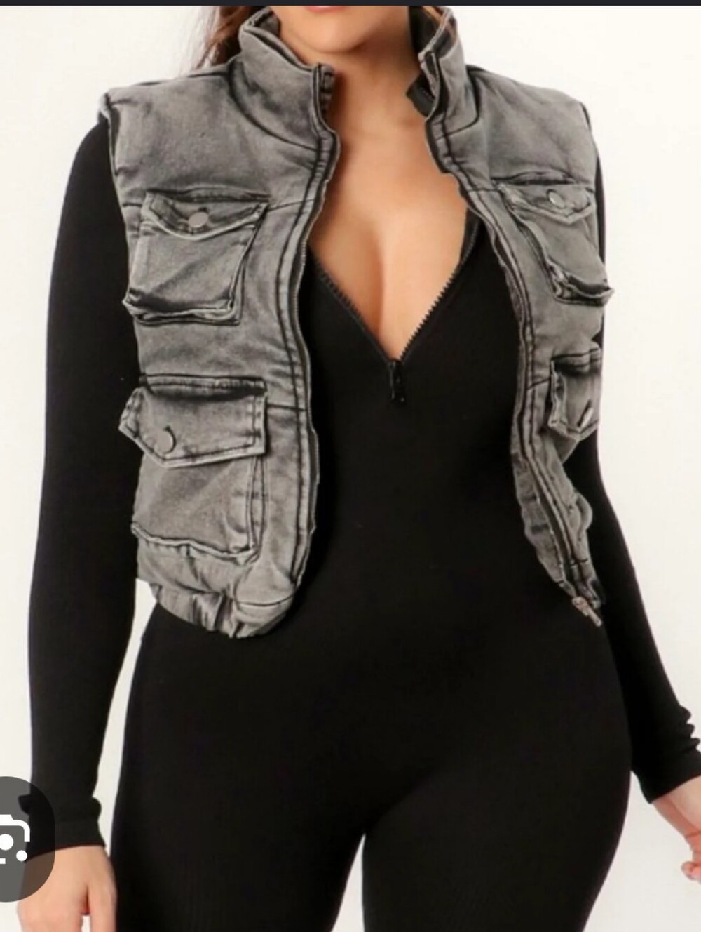 Washed Gray Utility Puffer Vest - Women's Cropped Pocketed Vest